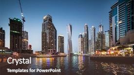  Presentation with panoramic - Beautiful slide deck featuring panoramic view with modern skyscrapers and water channel of dubai marina in evening united arab emirates backdrop and a tawny brown colored foreground
