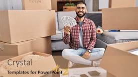  Presentation with standing sitting - Slide set consisting of middle-east-man-with-beard background and a coral colored foreground