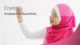  Presentation with hijab - Colorful PPT layouts enhanced with middle eastern arabic girl wearing pink hijab scarf on white backdrop and a white colored foreground