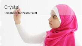 Presentation with hijab - Colorful slide deck enhanced with middle eastern arabic girl wearing pink hijab scarf on white backdrop and a white colored foreground