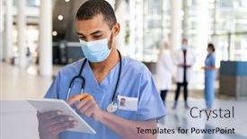  Presentation with busy doctor - Beautiful theme featuring middle-eastern-nurse-using-digital backdrop and a light blue colored foreground