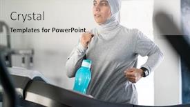  Presentation with running treadmill - Presentation design having middle-eastern-woman-running background and a light gray colored foreground