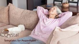  Presentation with remote work - PPT theme featuring middle-woman-relaxing-on-couch background and a coral colored foreground