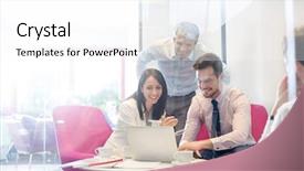  Presentation with people - Colorful PPT theme enhanced with midia indoor - happy business people discussing backdrop and a white colored foreground