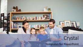  Presentation with family reading - Beautiful slide deck featuring midia indoor - happy family reading book while backdrop and a teal colored foreground