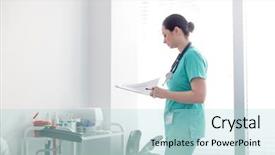  Presentation with medical clipboard - Beautiful presentation theme featuring midia indoor - mid adult nurse checking medical backdrop and a light blue colored foreground