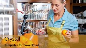  Presentation with orange juice - Presentation design featuring midia indoor - smiling mid-adult woman preparing orange background and a  colored foreground