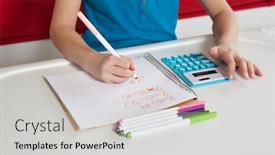  Presentation with homework - Presentation theme having midsection-of-a-girl-writing background and a light gray colored foreground