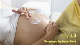  Presentation with lotion - Colorful slide set enhanced with midsection of a pregnant woman smearing lotion on stomach in bed backdrop and a tawny brown colored foreground