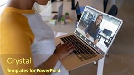  Presentation with working remotely - Theme enhanced with midsection-of-biracial-businesswoman-making background and a tawny brown colored foreground