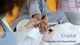  Presentation with home care - Presentation with midsection-of-biracial-young-woman background and a sky blue colored foreground