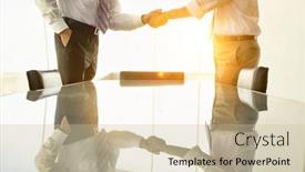  Presentation with shaking hands - Slide deck having midsection-of-business-people-shaking background and a soft green colored foreground