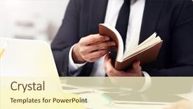  Presentation with agenda - Presentation design consisting of midsection of businessman searching through his agenda in office background and a cream colored foreground