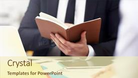  Presentation with agenda - Theme having midsection of businessman searching through his agenda in office background and a cream colored foreground