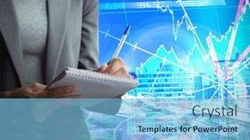  Presentation with bitcoins - Colorful presentation theme enhanced with midsection of businesswoman writing on note pad against bitcoins backdrop and a light blue colored foreground