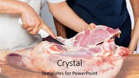  Presentation with butcher - Audience pleasing PPT theme consisting of midsection of butcher cutting raw backdrop and a lemonade colored foreground