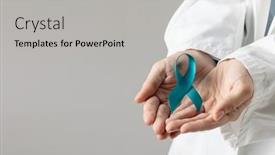  Presentation with healthcare blue ribbon - PPT theme consisting of midsection-of-caucasian-doctor-holding background and a light gray colored foreground