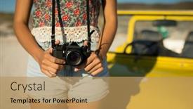  Presentation with summer holiday - Slide set consisting of midsection-of-caucasian-woman-leaning background and a coral colored foreground