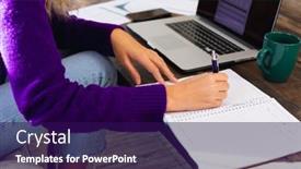  Presentation with working remotely - PPT theme having midsection-of-caucasian-woman-using background and a navy blue colored foreground