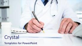  Presentation with clinic - Theme having midsection of doctor writing background and a sky blue colored foreground