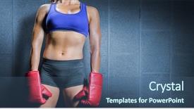  Presentation with dark grey - Cool new presentation theme with midsection of female boxer with gloves against dark grey room backdrop and a ocean colored foreground