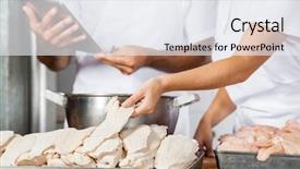  Presentation with butcher shop - Presentation consisting of midsection of female butcher stacking chicken pieces while colleague using digital tablet at shop background and a sky blue colored foreground