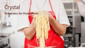  Presentation with spaghetti - Colorful slides enhanced with midsection of female chef holding spaghetti pasta at counter in commercial kitchen backdrop and a lemonade colored foreground