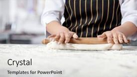  Presentation with messy - Presentation theme consisting of midsection of female chef rolling dough at messy counter in commercial kitchen background and a white colored foreground