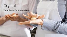  Presentation with commercial - Amazing theme having midsection of female chefs making pasta dough balls in commercial kitchen backdrop and a light gray colored foreground