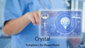  Presentation with medical biology - Cool new PPT theme with midsection of female doctor gesturing with fingers against medical biology interface in blue 3d backdrop and a light blue colored foreground