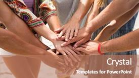  Presentation with friends - Amazing PPT theme having midsection of friends stacking hands backdrop and a  colored foreground