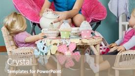  Presentation with tea party - Colorful presentation theme enhanced with midsection-of-girl-pretending backdrop and a coral colored foreground