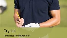  Presentation with golf course - Amazing PPT theme having midsection of golfer writing backdrop and a yellow colored foreground