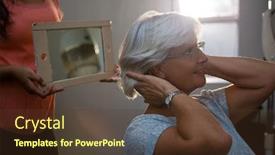  Presentation with hair salon - PPT theme with midsection of hairstylist showing hair in mirror to senior woman at salon background and a tawny brown colored foreground