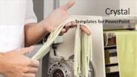  Presentation with spaghetti - Colorful theme enhanced with midsection of male chef holding spaghetti pasta by machine at commercial kitchen backdrop and a soft green colored foreground