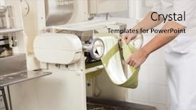  Presentation with processing - Cool new slides with midsection of male chef processing spaghetti pasta sheet in machine at commercial kitchen backdrop and a soft green colored foreground