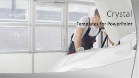  Presentation with engine - Audience pleasing slide set consisting of midsection of male technician repairing car engine in workshop backdrop and a light gray colored foreground