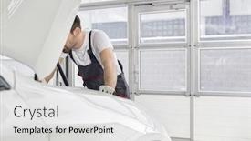  Presentation with engine - Cool new presentation theme with midsection of male technician repairing car engine in workshop backdrop and a light gray colored foreground