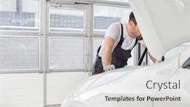  Presentation with engine - Presentation theme with midsection of male technician repairing car engine in workshop background and a light gray colored foreground