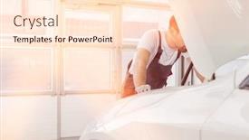  Presentation with engine - Presentation theme enhanced with midsection of male technician repairing car engine in workshop background and a cream colored foreground