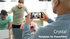  Presentation with coworkers - Presentation theme featuring midsection-of-man-filming-multiracial background and a gray colored foreground