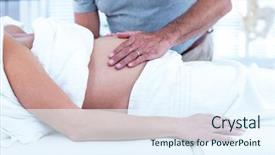  Presentation with pregnant woman massage - Audience pleasing PPT theme consisting of midsection of masseur giving massage to pregnant woman sleeping on bed in spa backdrop and a sky blue colored foreground