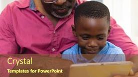  Presentation with using digital tablet - Slide set featuring midsection-of-multiracial-grandfather background and a tawny brown colored foreground