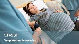  Presentation with pregnant woman in hospital - Theme featuring midsection of nurse checking pregnant background and a teal colored foreground