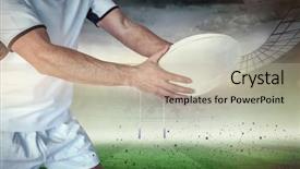  Presentation with rugby - Beautiful slide deck featuring midsection of rugby player holding the ball against rugby stadium backdrop and a light gray colored foreground