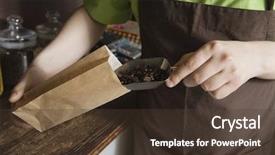  Presentation with coffee beans - PPT theme enhanced with midsection of saleswoman packing coffee background and a tawny brown colored foreground