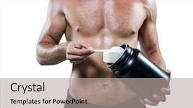  Presentation with protein - Cool new PPT layouts with midsection of shirtless man scooping up protein powder on white background backdrop and a light gray colored foreground