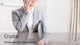  Presentation with retail smart phone - Slide set consisting of midsection of smiling young saleswoman background and a light gray colored foreground