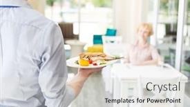  Presentation with restaurant waiter - PPT theme enhanced with midsection of waiter serving lunch to mature customer sitting at table in restaurant background and a light gray colored foreground