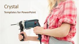  Presentation with drilling - Presentation theme with midsection of woman drilling wall in new house background and a sky blue colored foreground